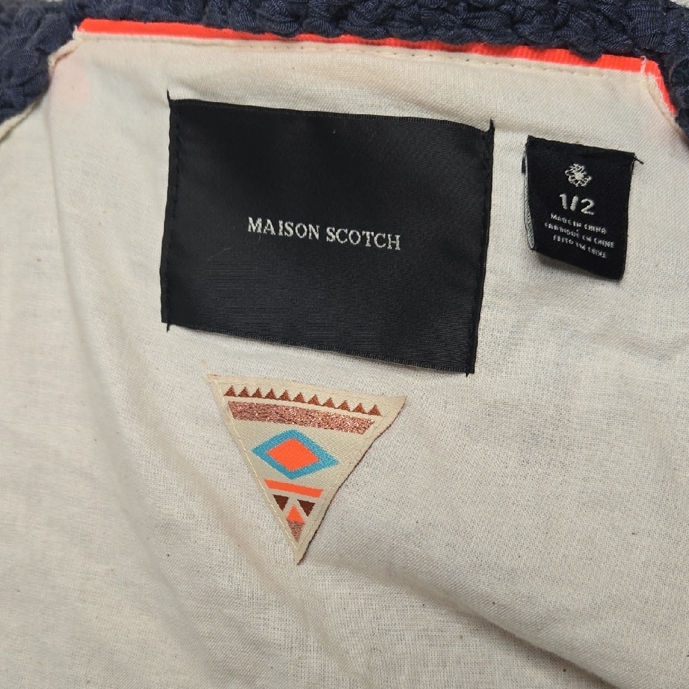 Maison Scotch Navy Blue Chunky Knit Cardigan Medium Boho Western Aztec Geometric - Picture 10 of 11